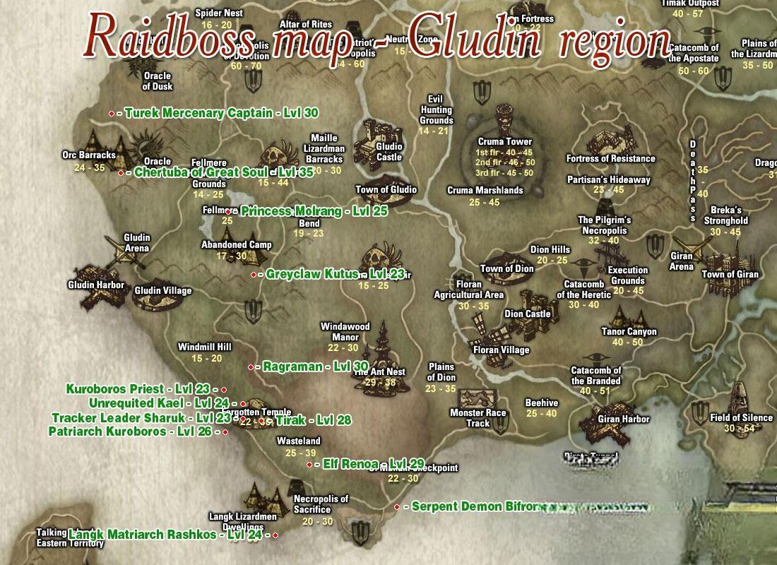 Расположение рейдбоссов на территории Глудина - Gludin area raidboss map