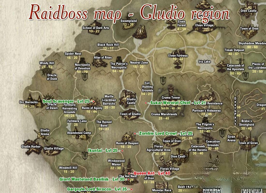 Расположение рейдбоссов на территории Глудио - Gludio area raidboss map