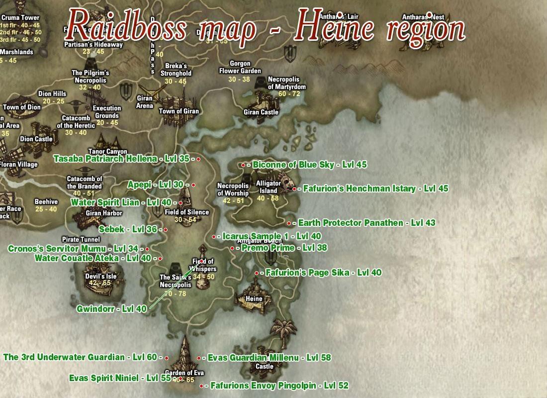 Расположение рейдбоссов на территории Хейне - Heine area raidboss map