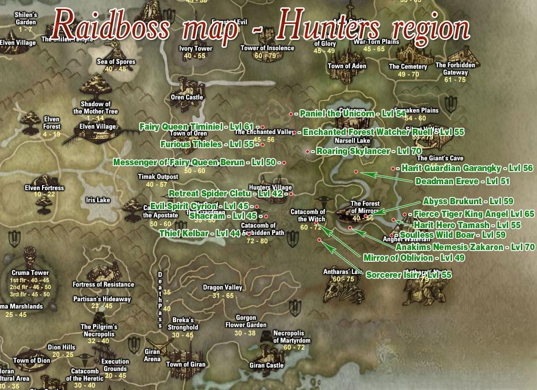 Расположение рейдбоссов на территории деревни Охотников - Hunters Village area raidboss map